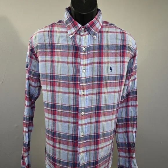Polo Ralph Lauren Dress Shirt 100% Linen Plaid Classic Fit Long Sleeve Men Large - Picture 10 of 10